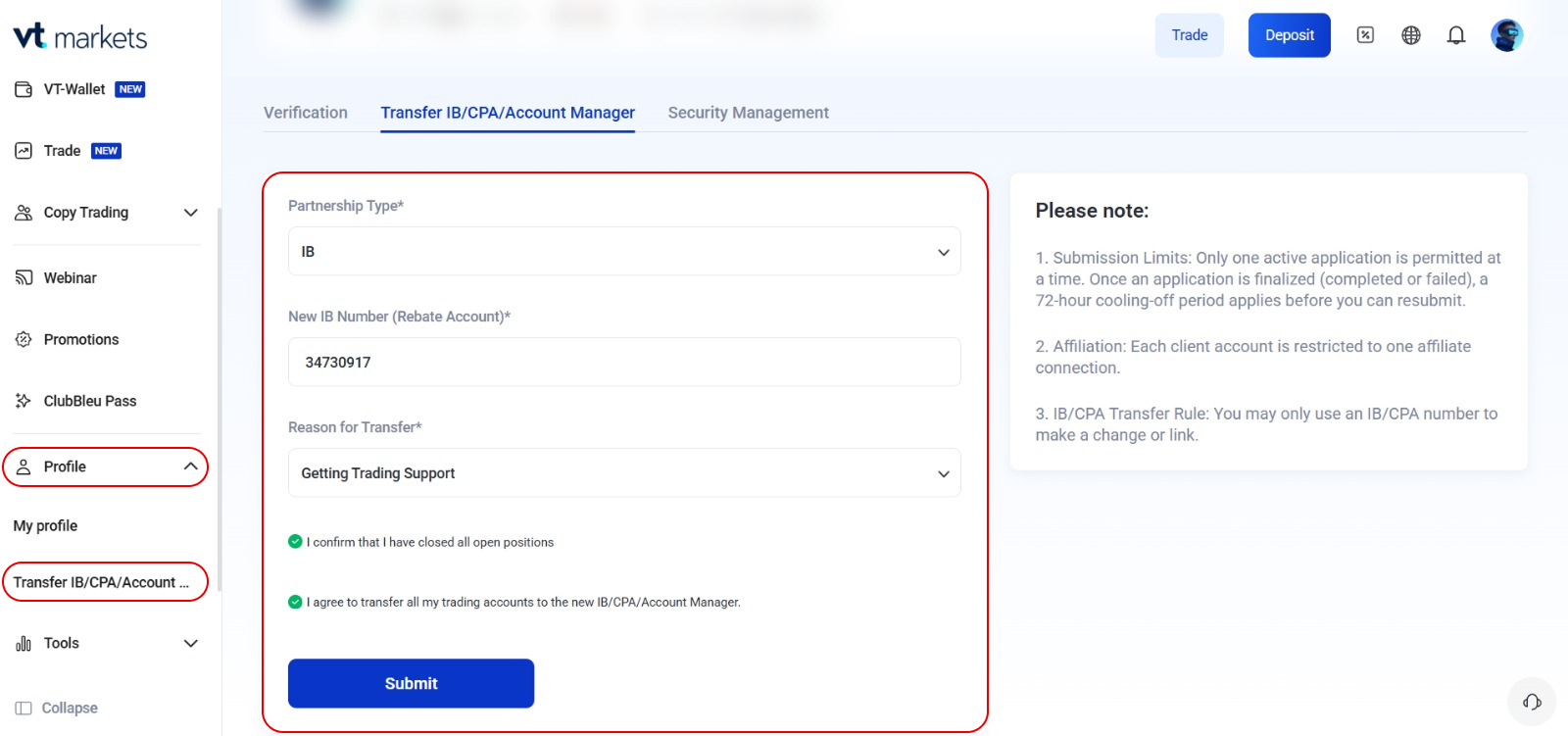 VT Markets client portal transfer form